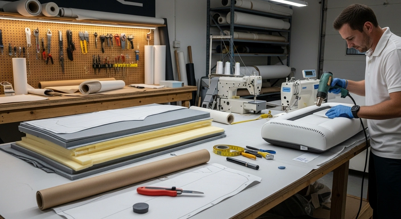 Custom marine upholstery fabrication professional workshop South Florida boat interior renovation