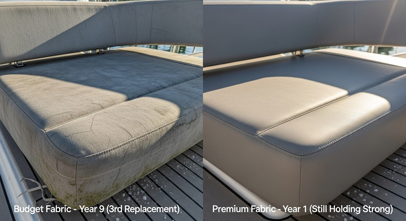 Marine upholstery cost comparison in Florida sunlight: worn budget fabric after 9 years vs pristine premium fabric after 1 year