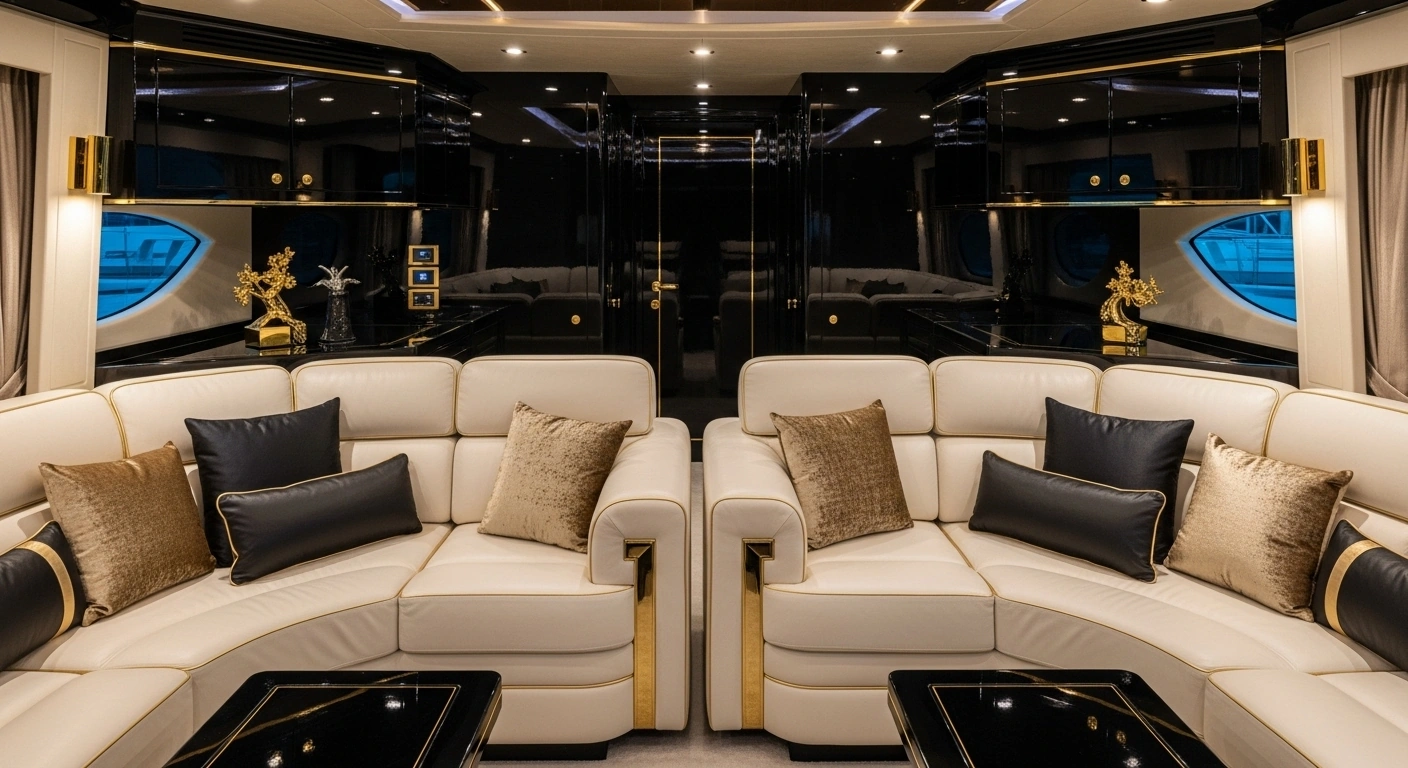 Glamorous yacht saloon in Palm Beach with marine leather curved sofas in ivory with gold trim, high-gloss decor and dramatic lighting reflections