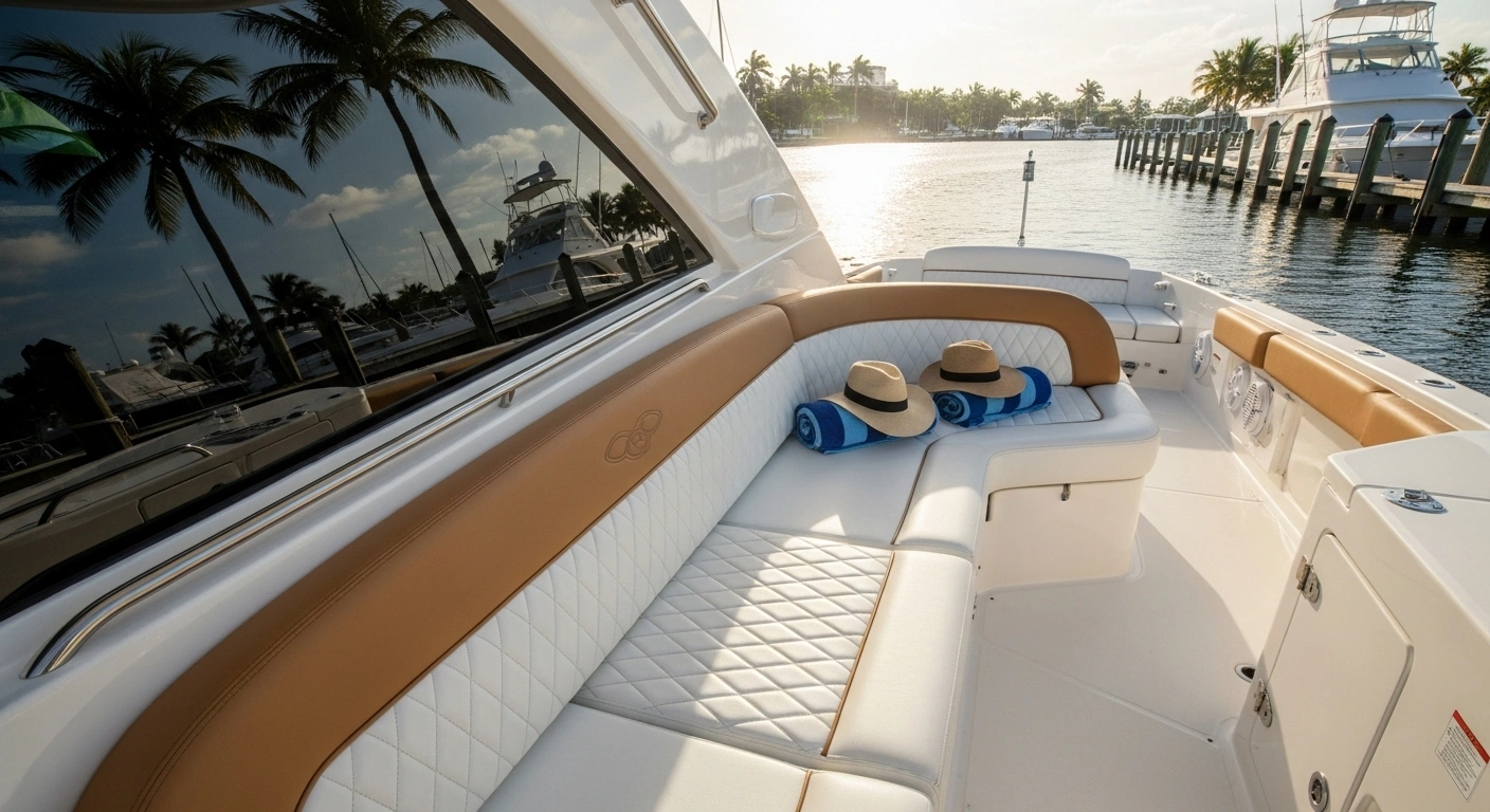 Luxury yacht seating in Fort Lauderdale marina, showcasing premium vinyl cushions under golden hour light with palm reflections and upscale detailing, designed to handle South Florida’s sun, salt, and humidity across Miami, Boca Raton, and West Palm Beach.