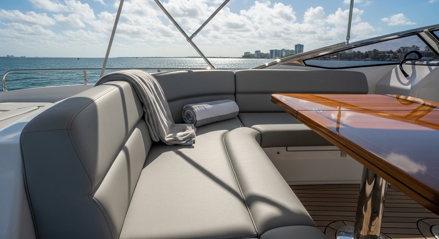 Elegant Miami yacht cockpit with climate-resistant marine upholstery cushions in soft tones, under intense Florida sun and ocean breeze, highlighting durable and stylish upholstery