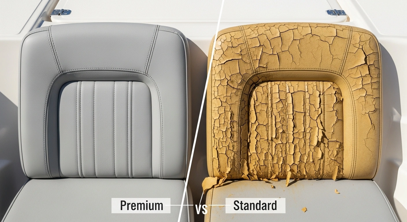 Premium marine vinyl vs standard upholstery materials UV damage comparison Florida sun