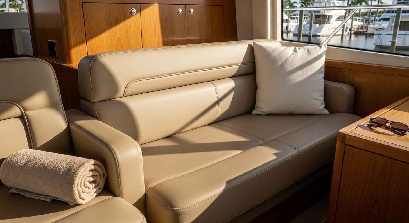 Yacht interior upholstered in premium marine vinyl Nautolex, showing soft texture, stitching detail, and natural wear under South Florida sunlight