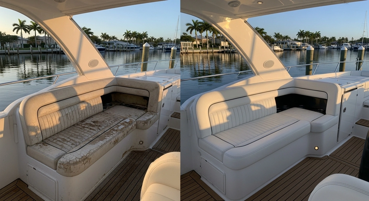 Luxury boat interior transformation South Florida marine upholstery before and after comparison