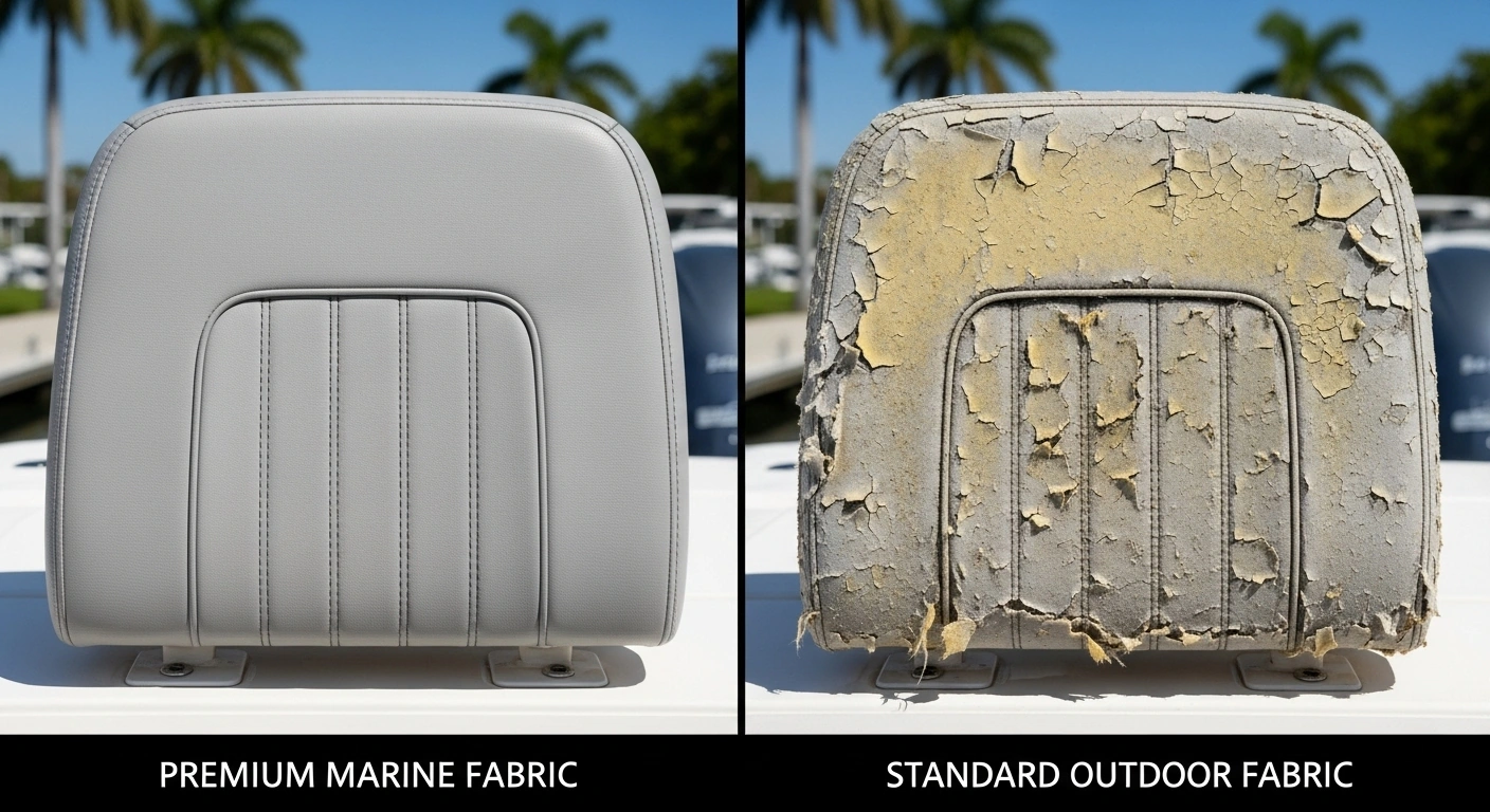 Marine upholstery fabric UV damage comparison South Florida sun premium vs standard materials